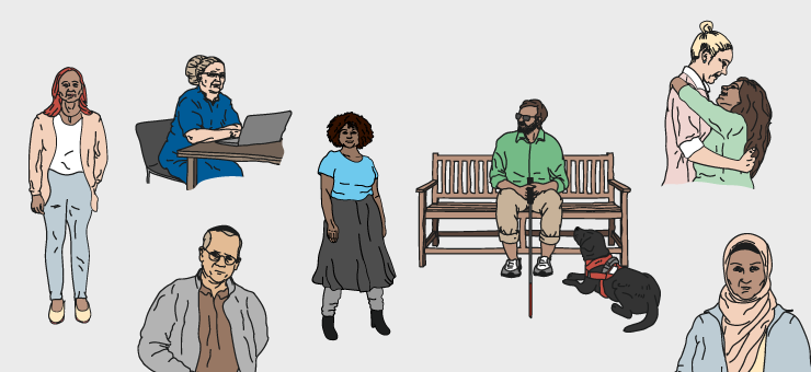 An illustrated collage with a group of people representing the seven different grounds for discrimination.