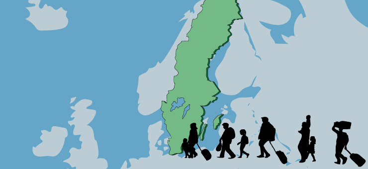 Carte illustrée de l’Europe avec des gens qui sont en route vers la Suède avec des valises.
