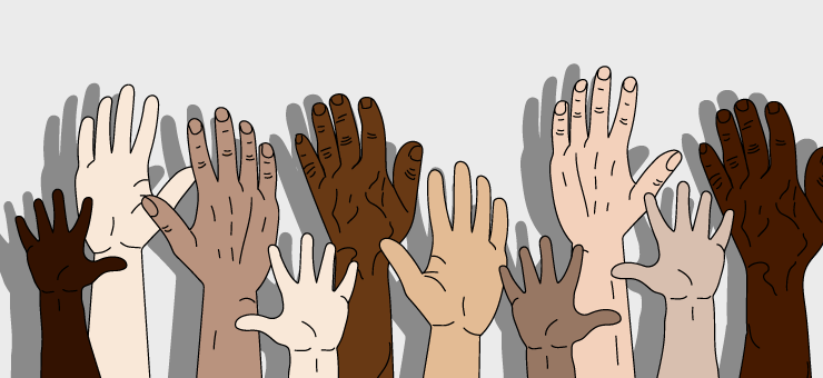 Flera uppräckta händer i olika hudfärger.