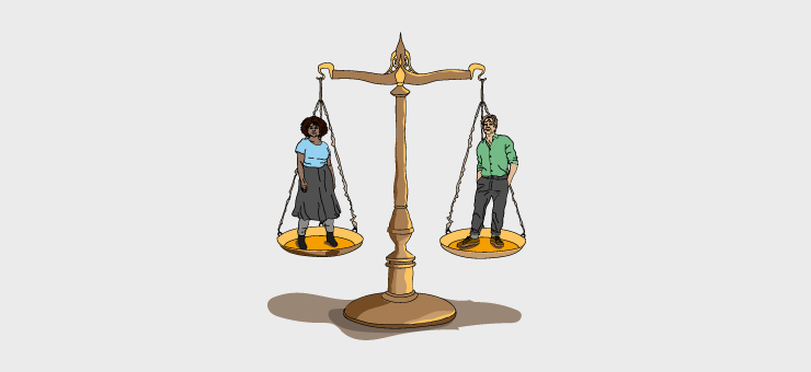 Gender equality illustrated as a pair of scales with a woman and a man on either side and evenly balanced.