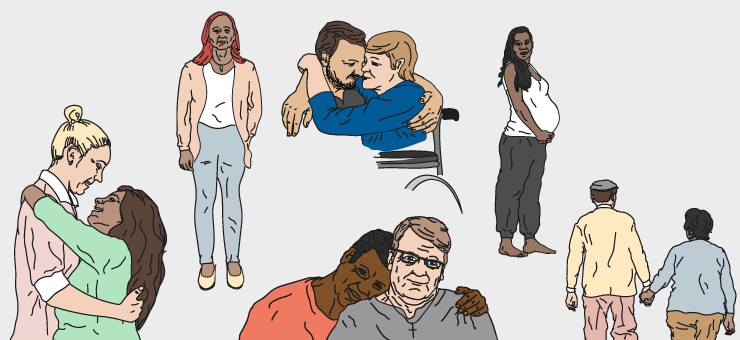 Коллаж, на котором изображены молодые и пожилые люди и разные виды любовных отношений.