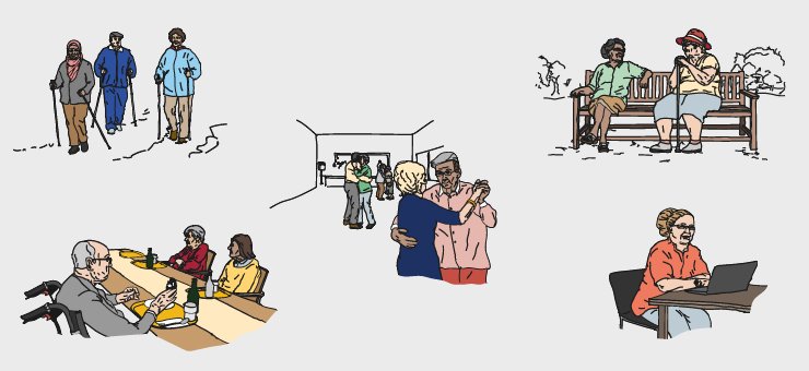 An illustrated collage with elderly people walking, dancing, sitting in front of a computer, and eating in sheltered accommodation.