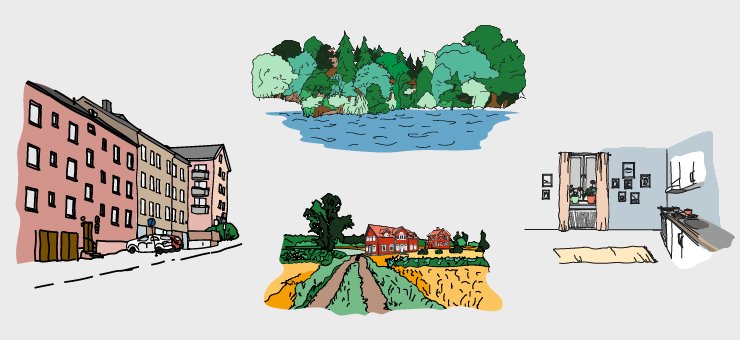Illustrerat collage av lägenhetshus, skog och sjö, rött hus på landsbygden och ett kök.