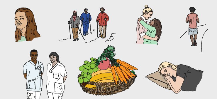 An illustrated collage with a glass of water, a basket of fruit, people walking, one person with their eyes shut, one person sleeping, one person running and two people hugging.