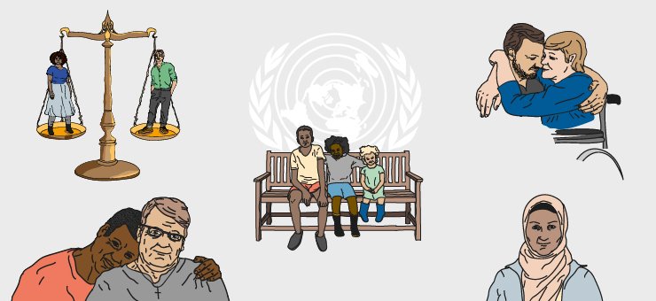 An illustrated collage with a group of people representing gender equality, children’s rights and the Discrimination Act.