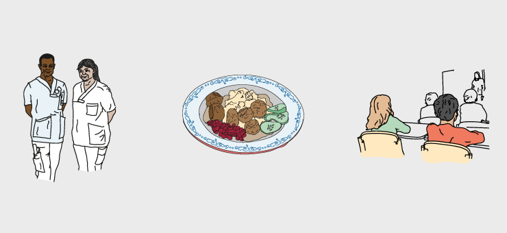 Ілюстрований колаж із зображенням медичних працівників, тарілки з їжею та шкільного класу.