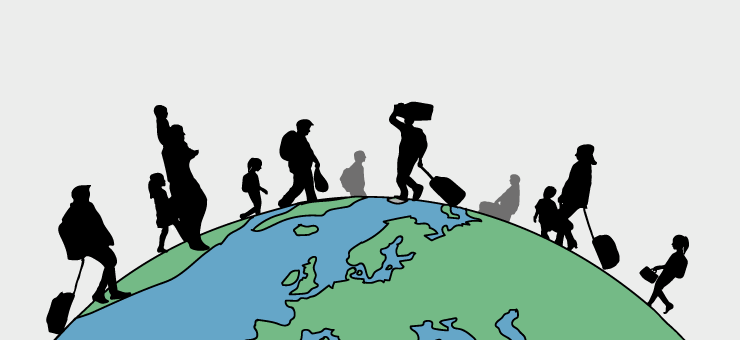 An illustration of a globe with people carrying suitcases moving in various directions.