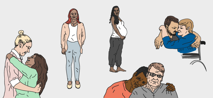 An illustrated collage with a group of LGBTQI persons. 